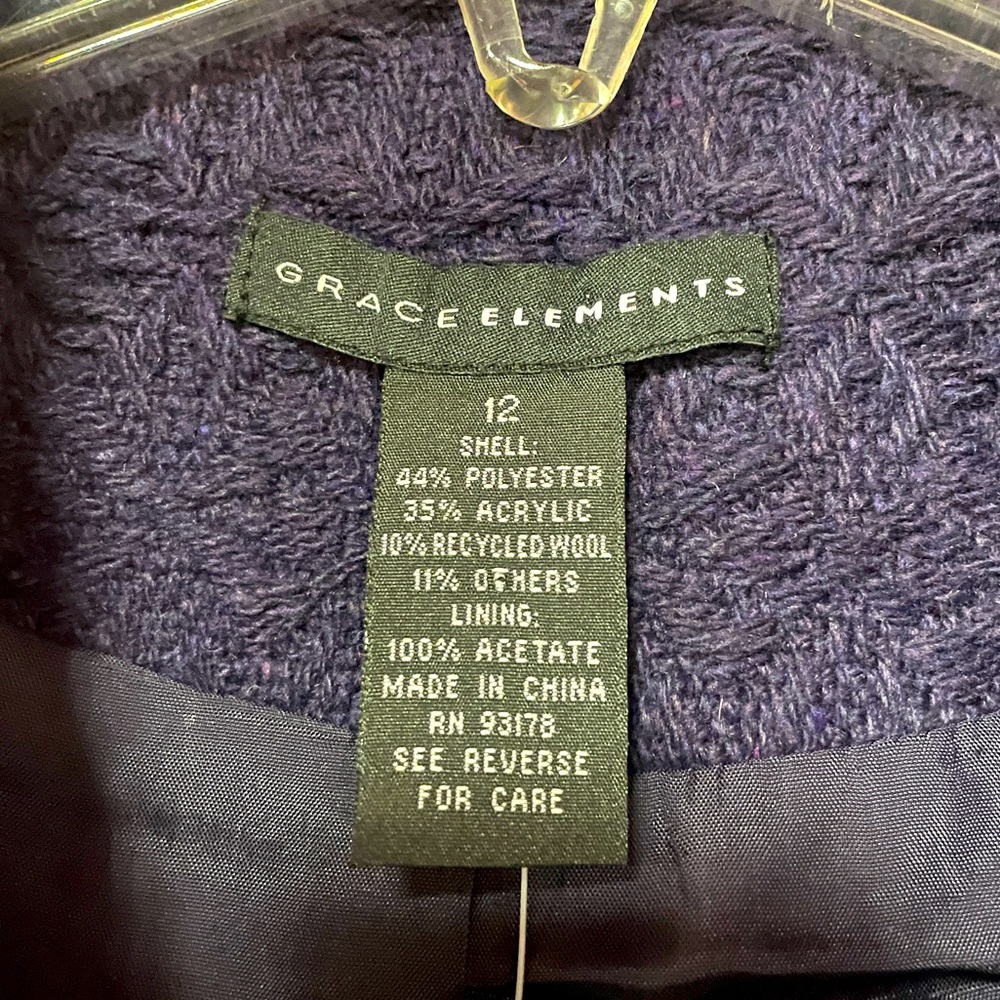 NWT Grace Elements Purple Wool-Blend Black Button Hook & Eye Closure Jacket Sz12 - Picture 3 of 6